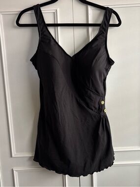 Black V-Neck One-Piece Swimdress with Gold Button Detail